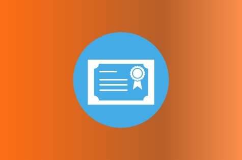 Orange background, blue icon representing a certifiate