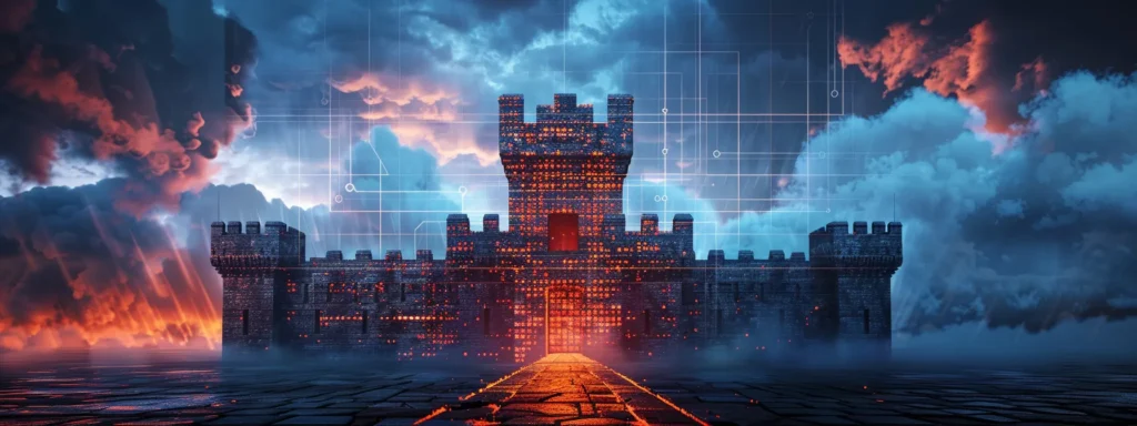 a striking image of a fortified digital fortress representing website security, surrounded by ominous storm clouds symbolising potential gdpr fines, with the glow of a warning alert illuminating the scene.