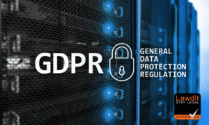 GDPR (General Data Protection Regulation) logo with a padlock, set against a digital server background, emphasizing compliance and data protection for businesses navigating cross-border regulations.